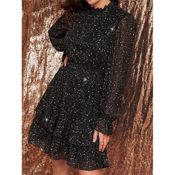 Sparkly High Neck Ruffle Hem Dress- Black - Picture 2 of 6